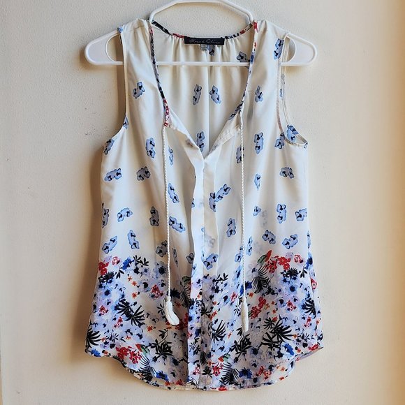 Rose & Olive White/Navy/Red Floral Sleeveless Blouse Size Small - Picture 1 of 12